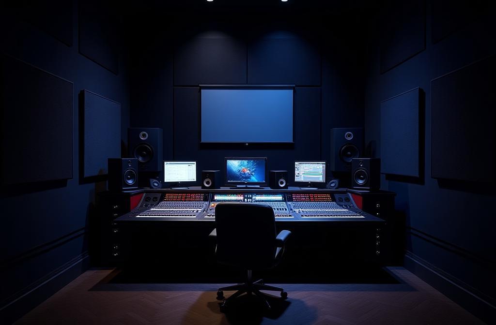 Professional audio control room at Estúdio Harmonia