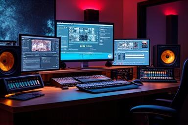 Post production suite setup with multiple screens