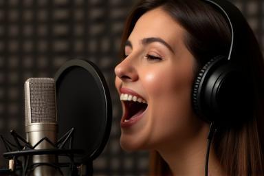 Person speaking into a microphone for voice-over